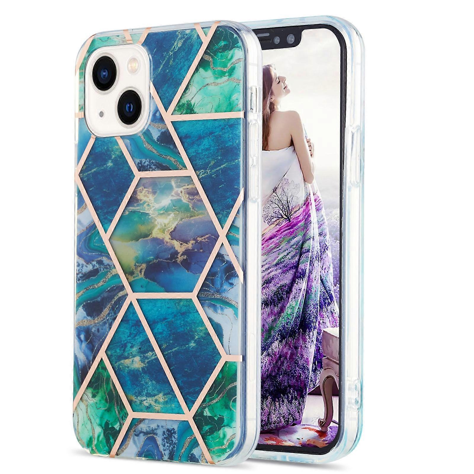 Electroplating Splicing Marble Flower Pattern Dual-side IMD TPU Shockproof Phone Case For iPhone 14