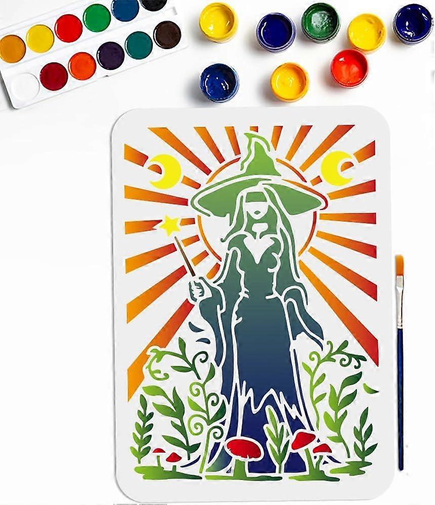 Witch Magic Mushroom Stencil 11.78.3inch Large Magic Themed Template with Paint Brush Dazzling Light and Plants Drawing Stencil for DIY Projects Craft