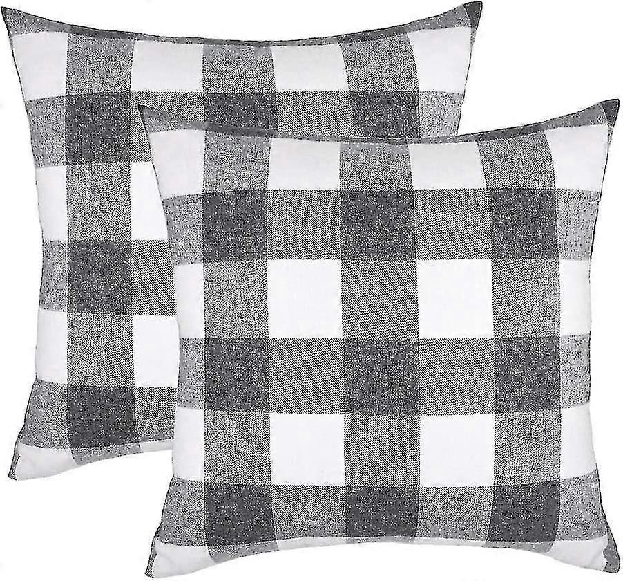Set Of 2 Check Plaid Throw Pillow Covers Cushion Case For Sofa Grey And White, 16 X 16 Inches