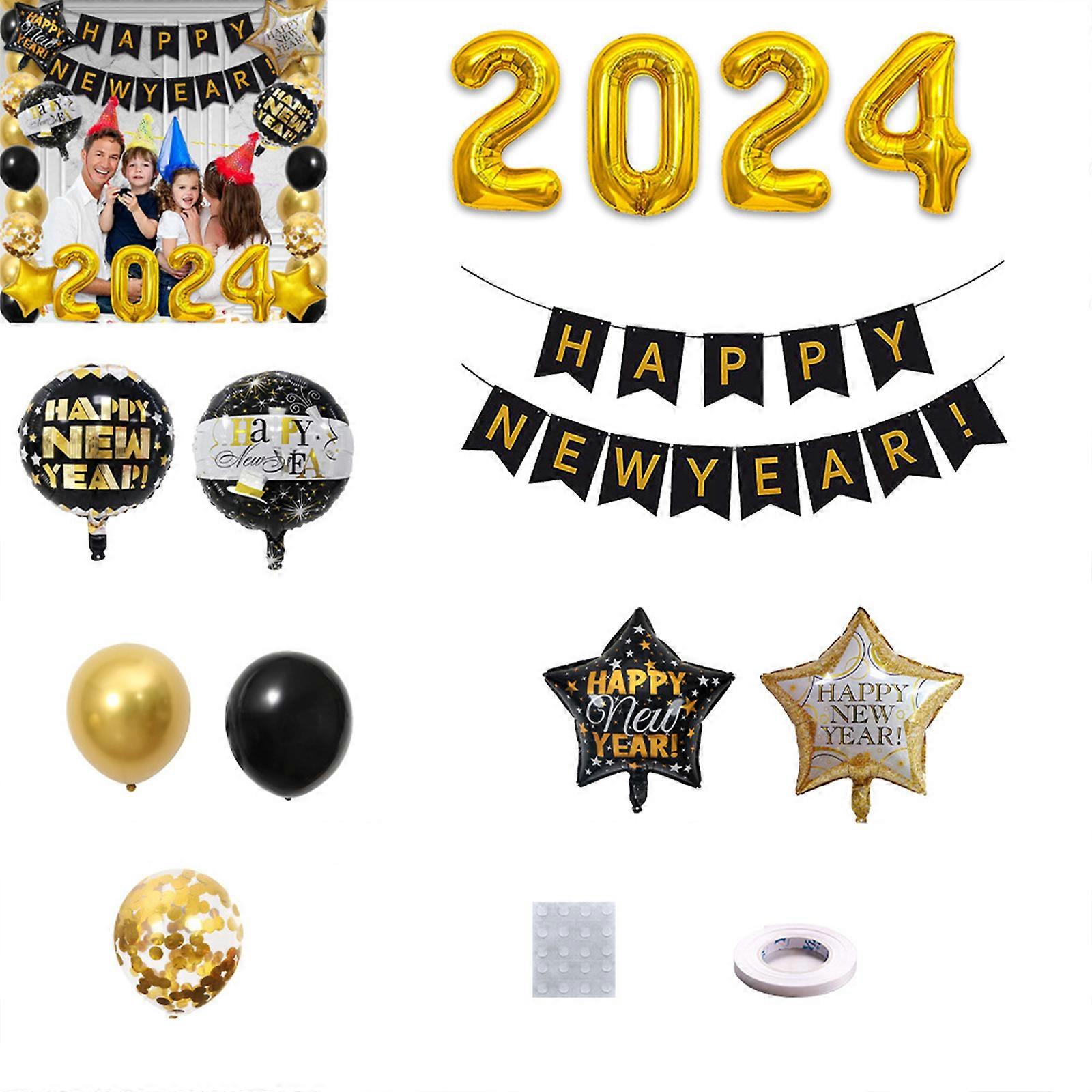 סט בלוני דגל לשנה החדשה 2024, ציוד למסיבת ערב השנה החדשה, בלוני מיילר לקישוטי סיום יום הולדת