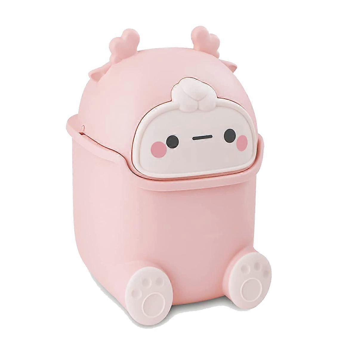 Mini Trash Can with Lid, Cute Flip Desktop Trash Cans, Plastic Animal Shape Garbage Can (Pink)