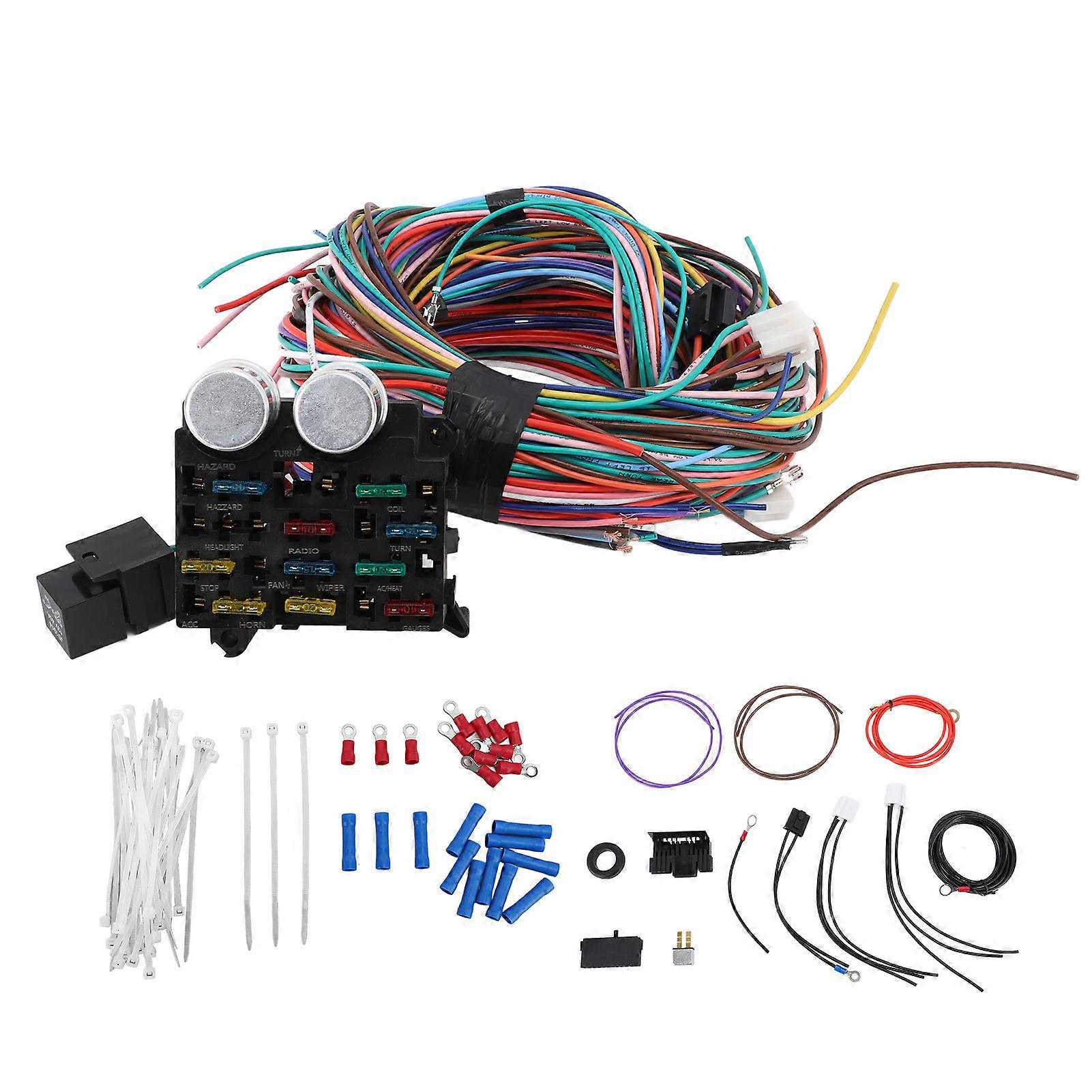 12 Circuit Wiring Harness Kit Heat Resistant Universal Automotive Fuse Wire Harness for Rat Rods Sand Cars Hot Rods