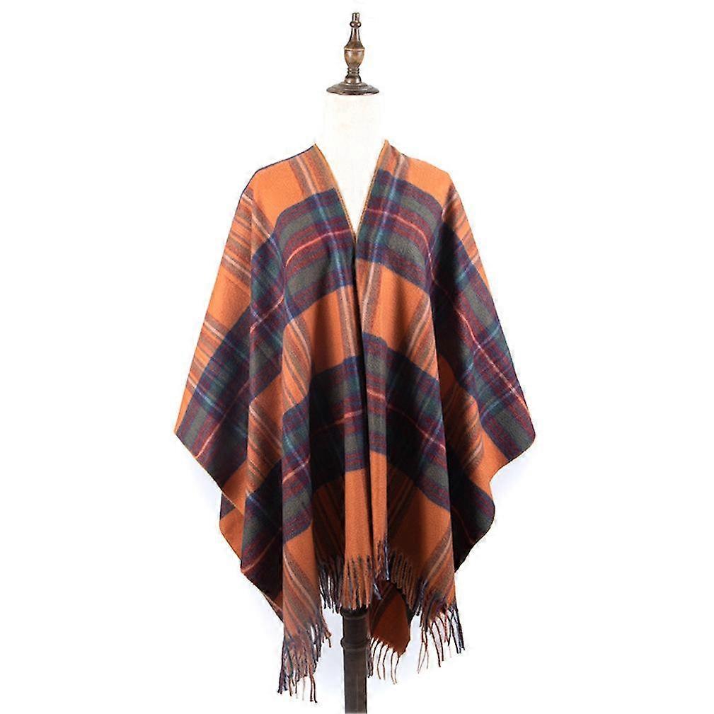 Plaid Shawl Scarf Open Front Poncho Winter Cardigant with Tassel for Lady