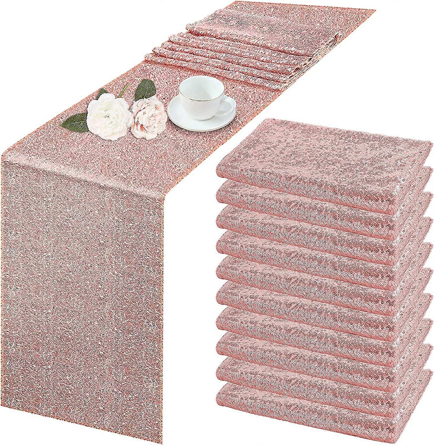 10 Pack Sequin Table Runner 30.48cm x 275cm Rose Gold Sequin Tablecloth for Rectangular Table Wedding Birthday Party Festive