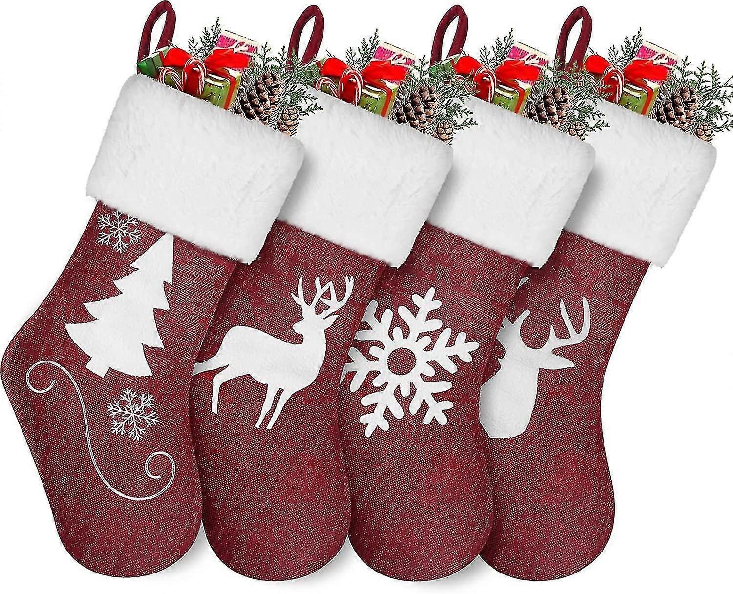 Bas de Noël, ensemble 4 pièces 18.5 « , Cheminée en lin brodé avec poignets moelleux, décorations de Noël