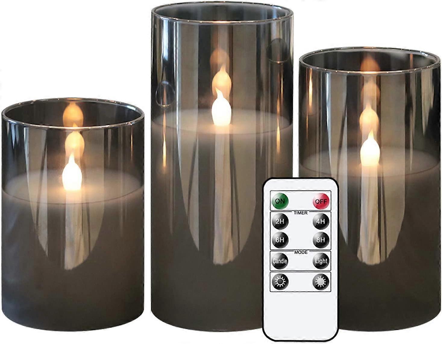 GenSwin Gray Glass Battery Operated Flameless Led Candles with 10-Key Remote and Timer, Real Wax Candles Warm White Flickering Light for Home Decorati