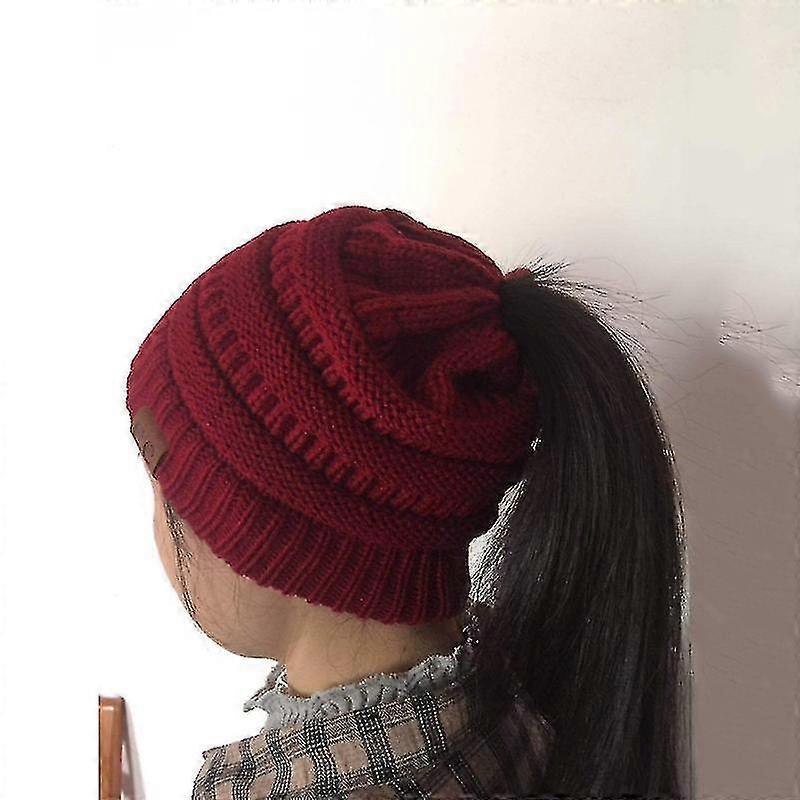 cc letter ponytail cap knitting hat for ladies(wine red)