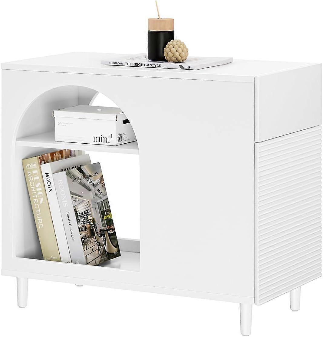 SoBuy FBT135-W, élégante table d'appoint avec tiroir de rangement, table d'appoint de canapé, table basse avec 4 pieds en bois, une porte et 2 compartiments de rangement ouverts