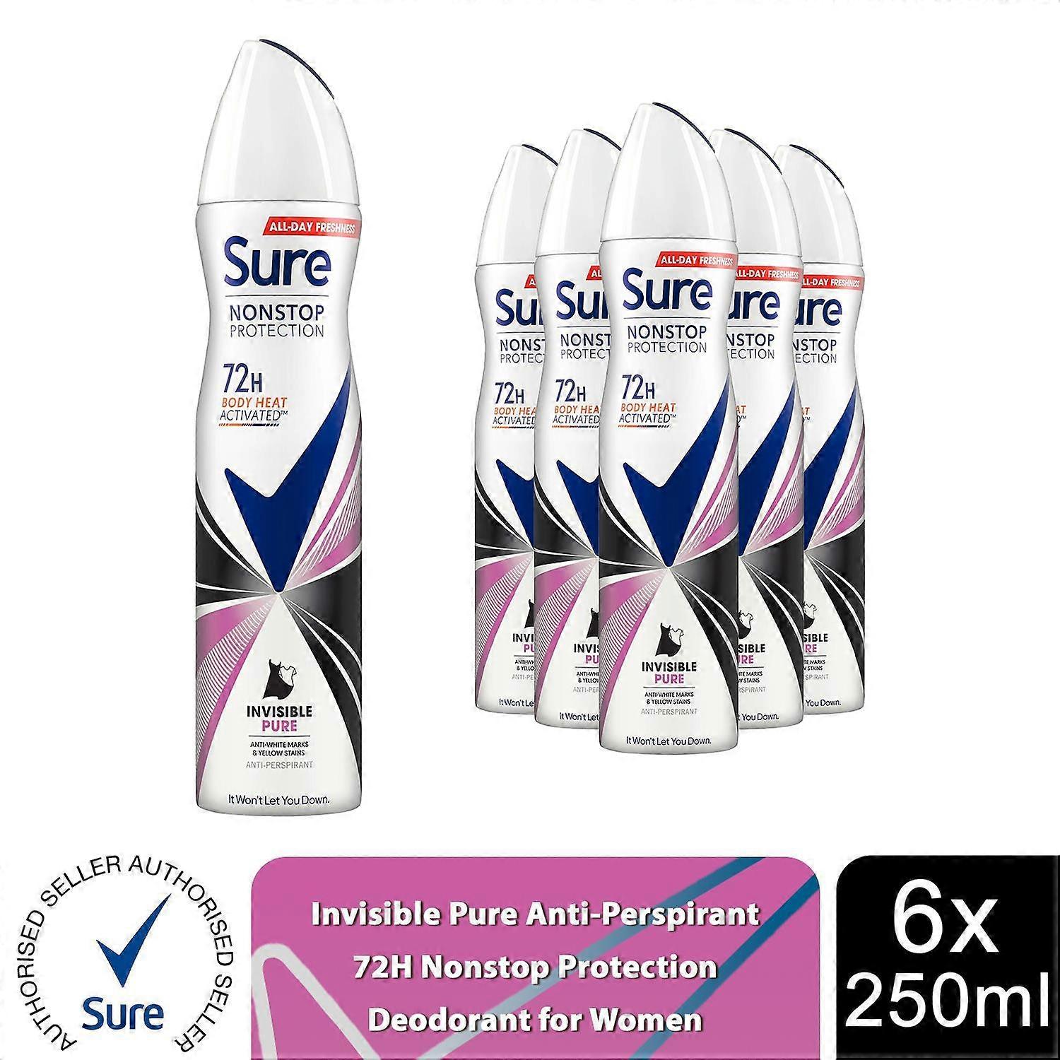 Sure Women's White/Yellow Women Antiperspirant 72H Nonstop Protection Invisible Pure Deodorant, 6X250ml Regular