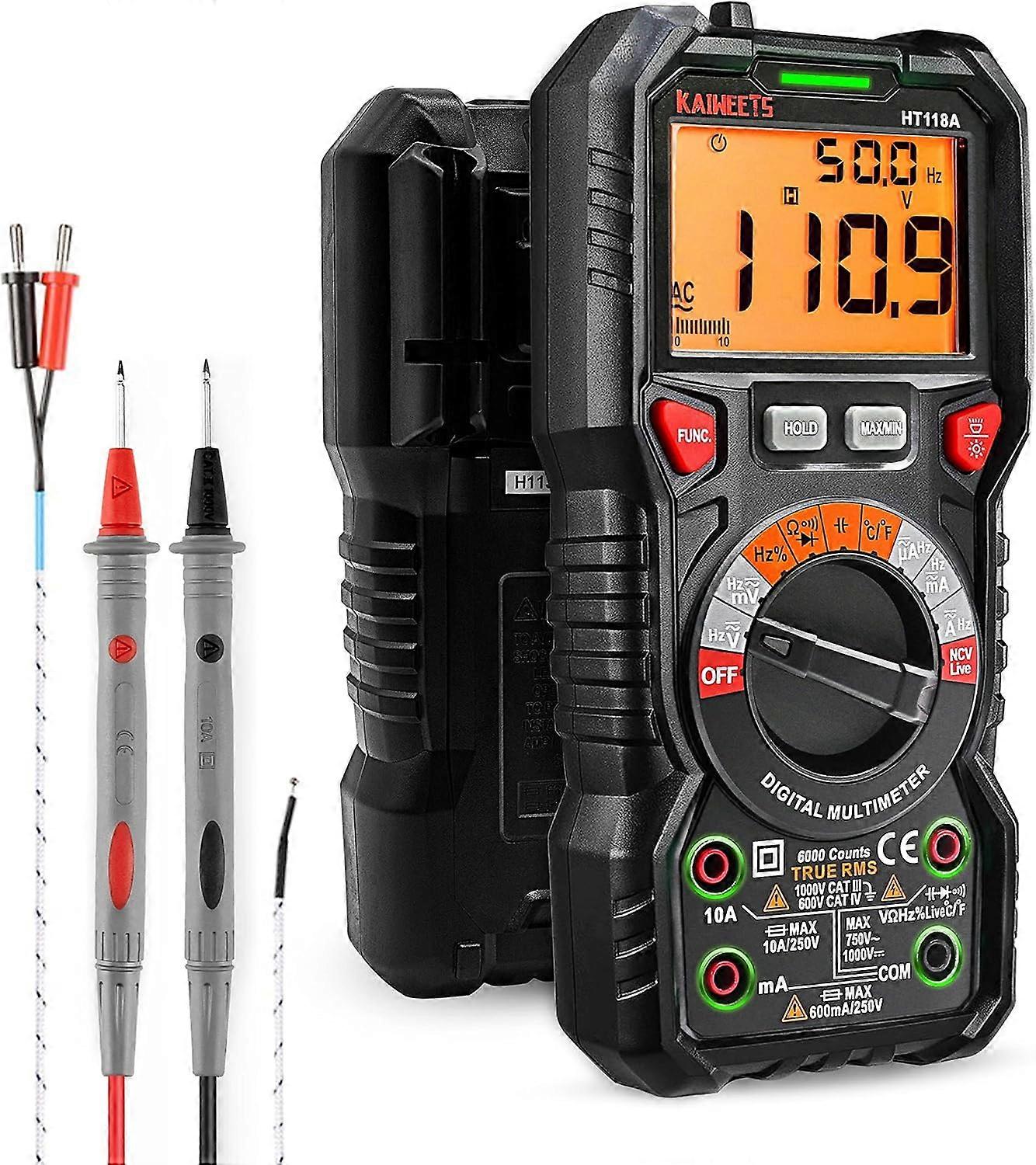Multimeter with Backlit LCD Display, Rubberized Outer Casing, for Measures Voltage Current, Resistance Diodes Continuity, Capacitance Temperature,