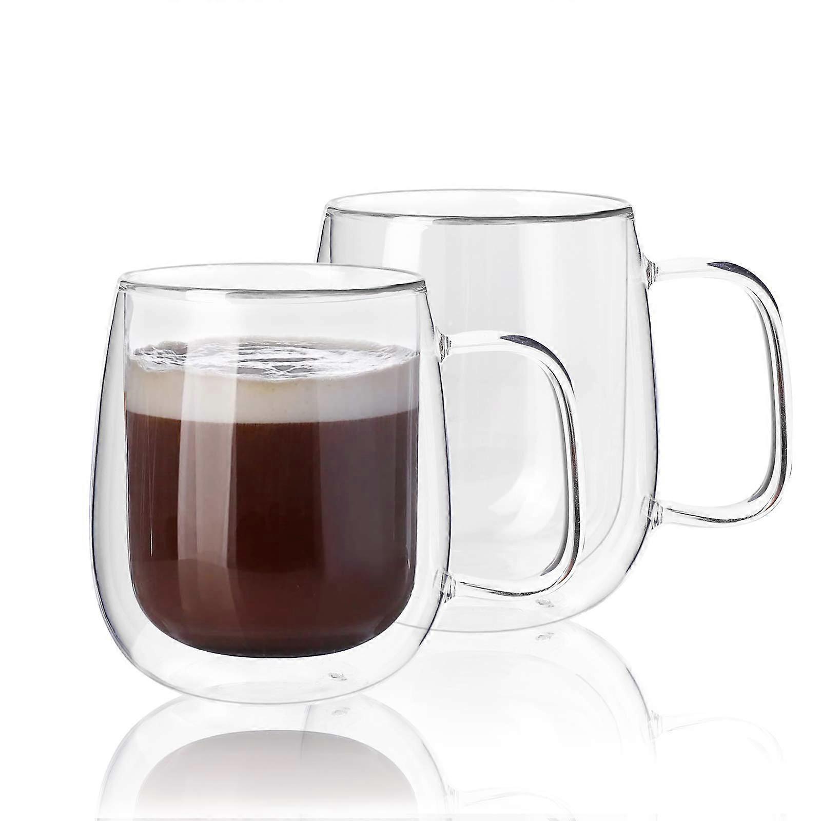 Large Double Wall Insulated Clear Coffee Mugs Set of 2 for Latte 14 Ounce Dishwasher Safe Borosilicate Glass