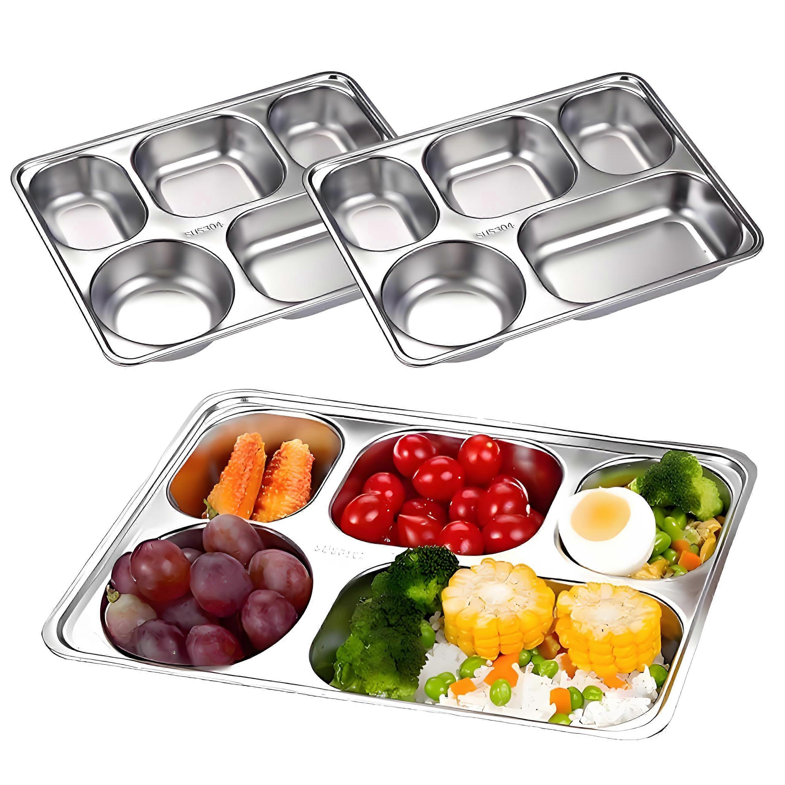 Stainless Steel Snack Containers 2 Pack With Lids Rectangular Divided Tray 5 Section Plates Meal Prep Lunch Containers