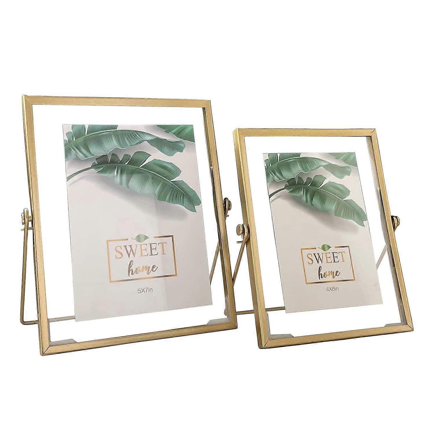Set of 2 Gold Metal Geometric Glass Picture Frames 4x4 & 5x7 Floating Effect with Real Glass Cover