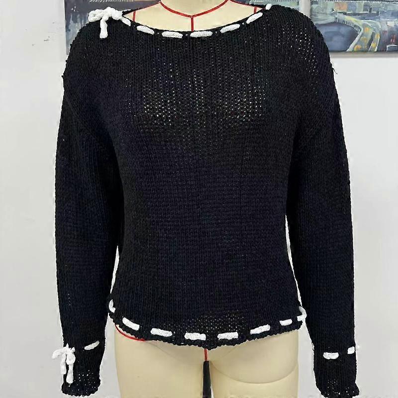 IHUASU Women's Autumn/Winter Handmade Drawstring Solid Colour Loose Knit Sweater