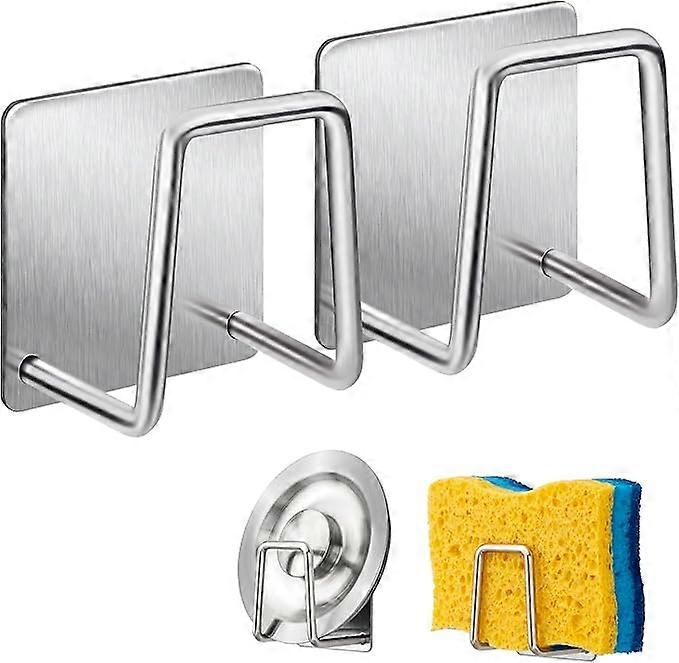 Sponge Holder Dish Sponge Hook 304 Stainless Steel Adhesive Sink Accessories Adhesive Hook Kitchen Bathroom Storage (2PACK, Silver)
