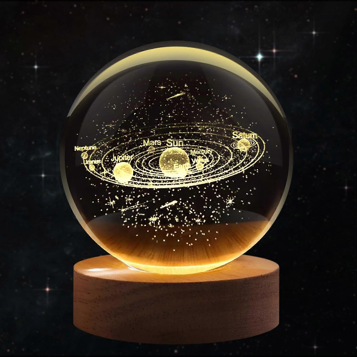 3D Solar System Crystal Ball Night Light LED Light Hologram Glass Lamp w/Solid Wood Base, USB Powered