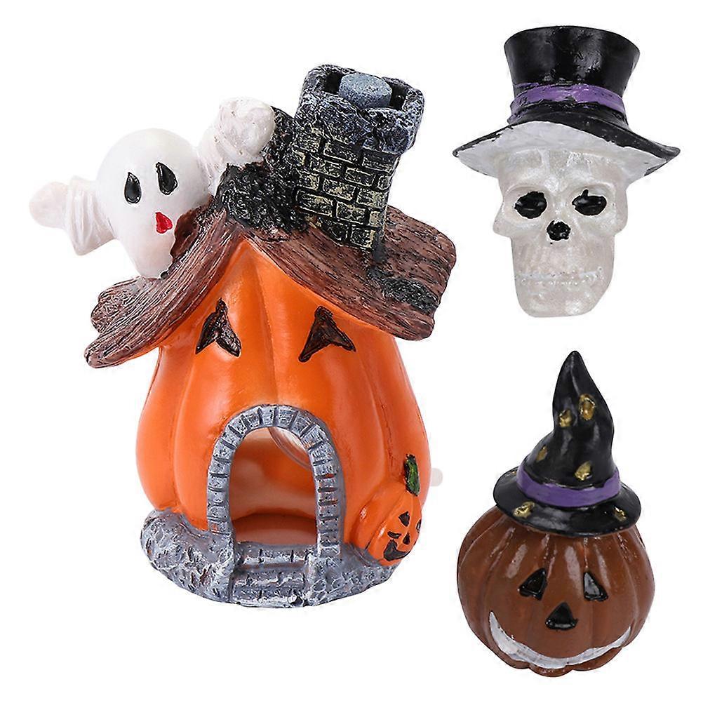 3pcs Halloween Resin Aquarium Decorations Set Pumpkin, Haunted House & Skull Ornaments for Fish Tanks