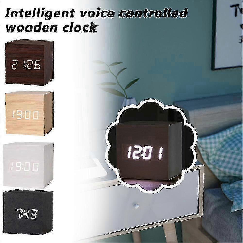 Smart Röstaktiverad Trä Digital LED Väckarklocka