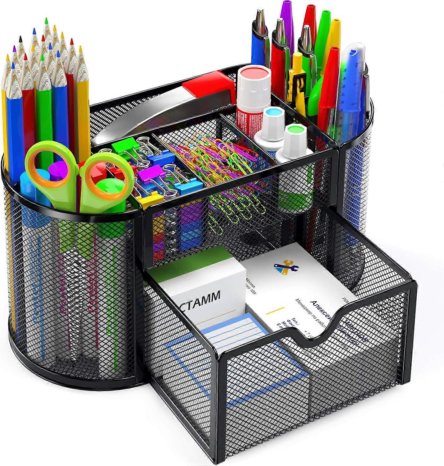 1pc Desk Organizer, Mesh Desk Tidy & Pen Holder, 9 Compartment Organizer (Black)