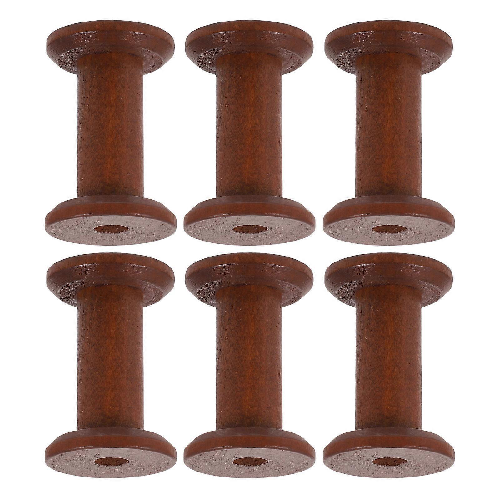 Wooden Thread Spool Holder for Sewing Yarn Storage Rack with 6 Hooks Light Brown