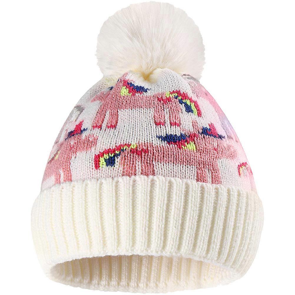 Warm Winter Hat for Boys and Girls with Cartoon Unicorn Plush Ball Made of Acrylic Fibers White