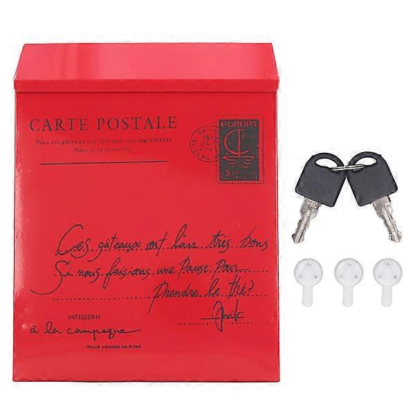 Red Wall Mounted Iron Mailbox with Rustic Look, Locked with 2 Keys, 3 Hooks, Waterproof Letter Box for Home, Office