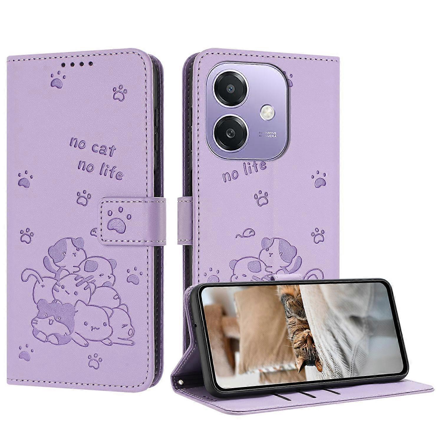 Embossed Kitten Phone Leather Case with Lanyard