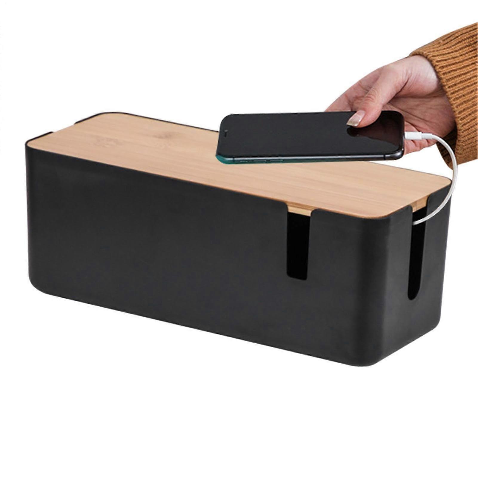 Cable Organizer Box | Wooden Lid Power Strip Storage for Desk Cable Management | Under Desk USB Hub for Computer and Router, Black