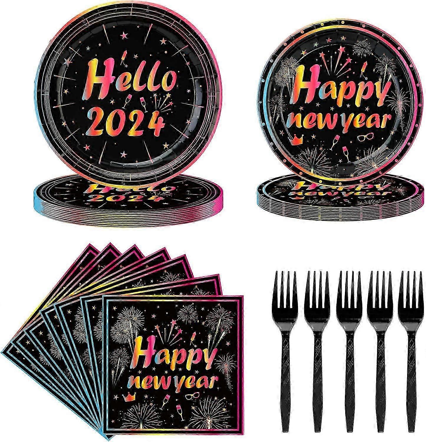 80Pcs Happy New Year Eve Party Supplies 2024 Disposable Paper Plates Napkins Cups Happy New Year Plates and Napkins and Forks Set