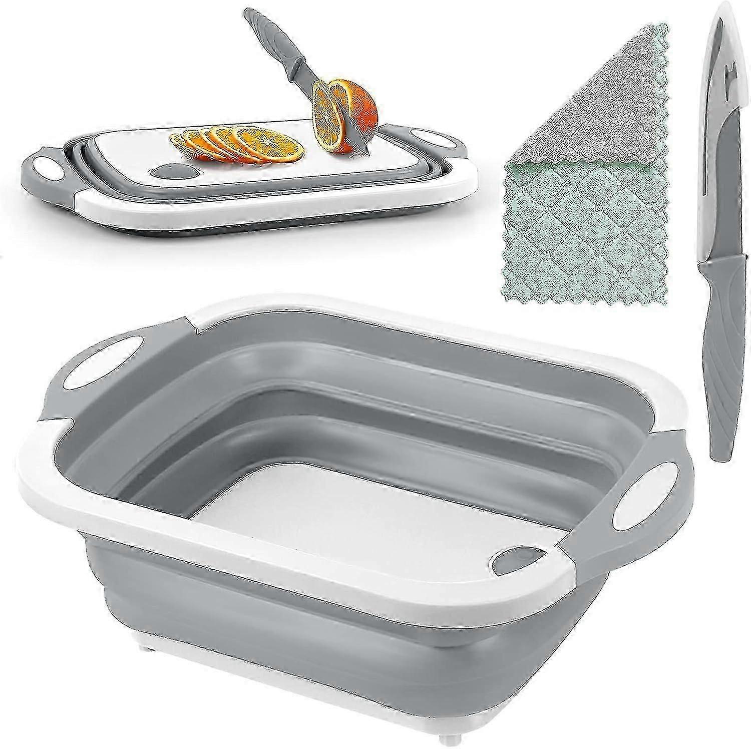 Collapsible 3-in-1 Kitchen Cutting Board with Towel, Foldable, Space-Saving, Grey