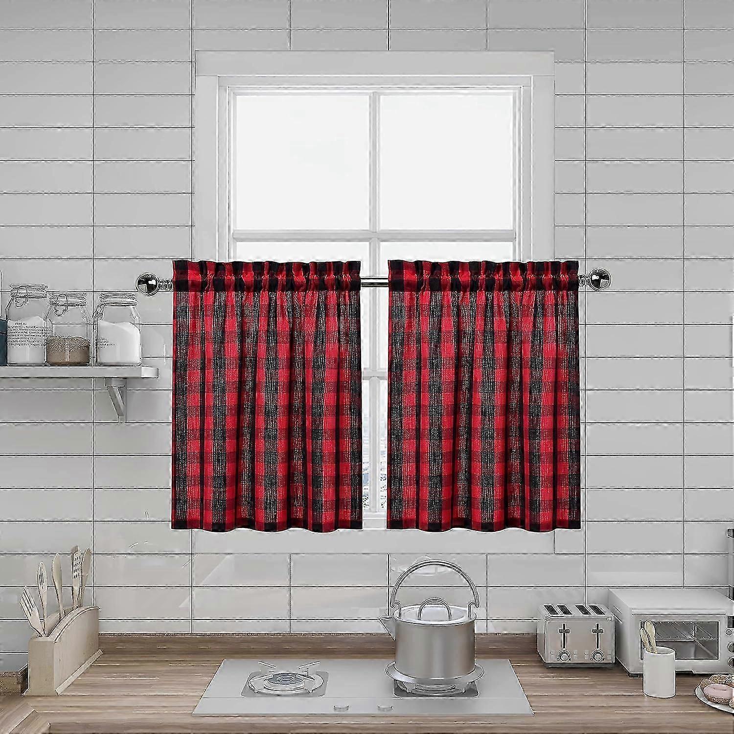 Rustic Buffalo Check Plaid Curtains, Easy Install Privacy Control for Kitchen Windows, Set Of 2, 28" X 24", Black And Red, Country Style