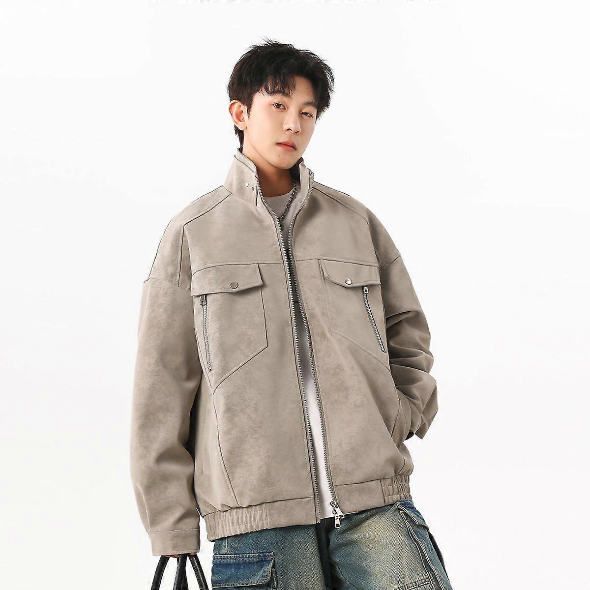 Spring Stand Collar Double Zipper Distressed Pu Leather Jacket Men's Loose Retro Fashionable Jacket Top