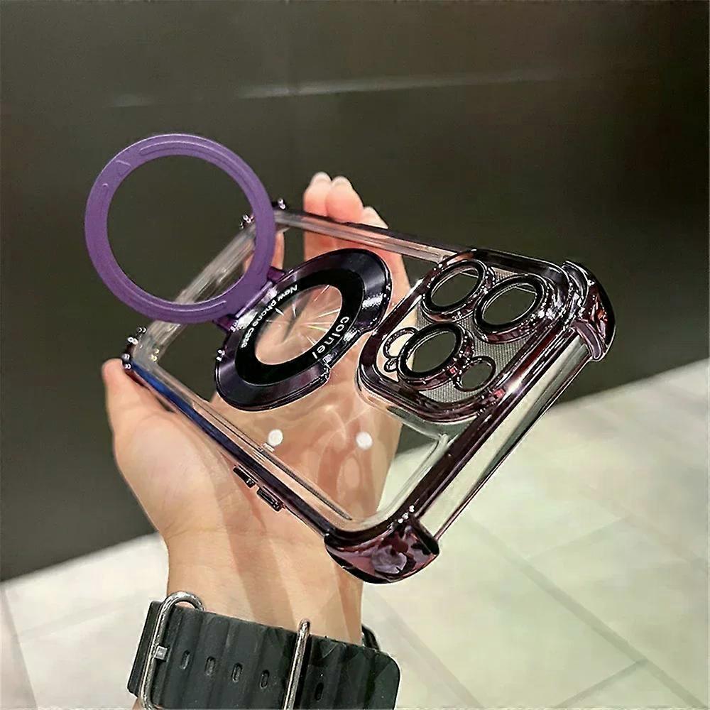 Luxury Plating Shockproof Magnetic Bracket Magsafe Clear Case for iPhone 16 15 11 12 13 14 Pro Max Plus With Holder Stand Cover
