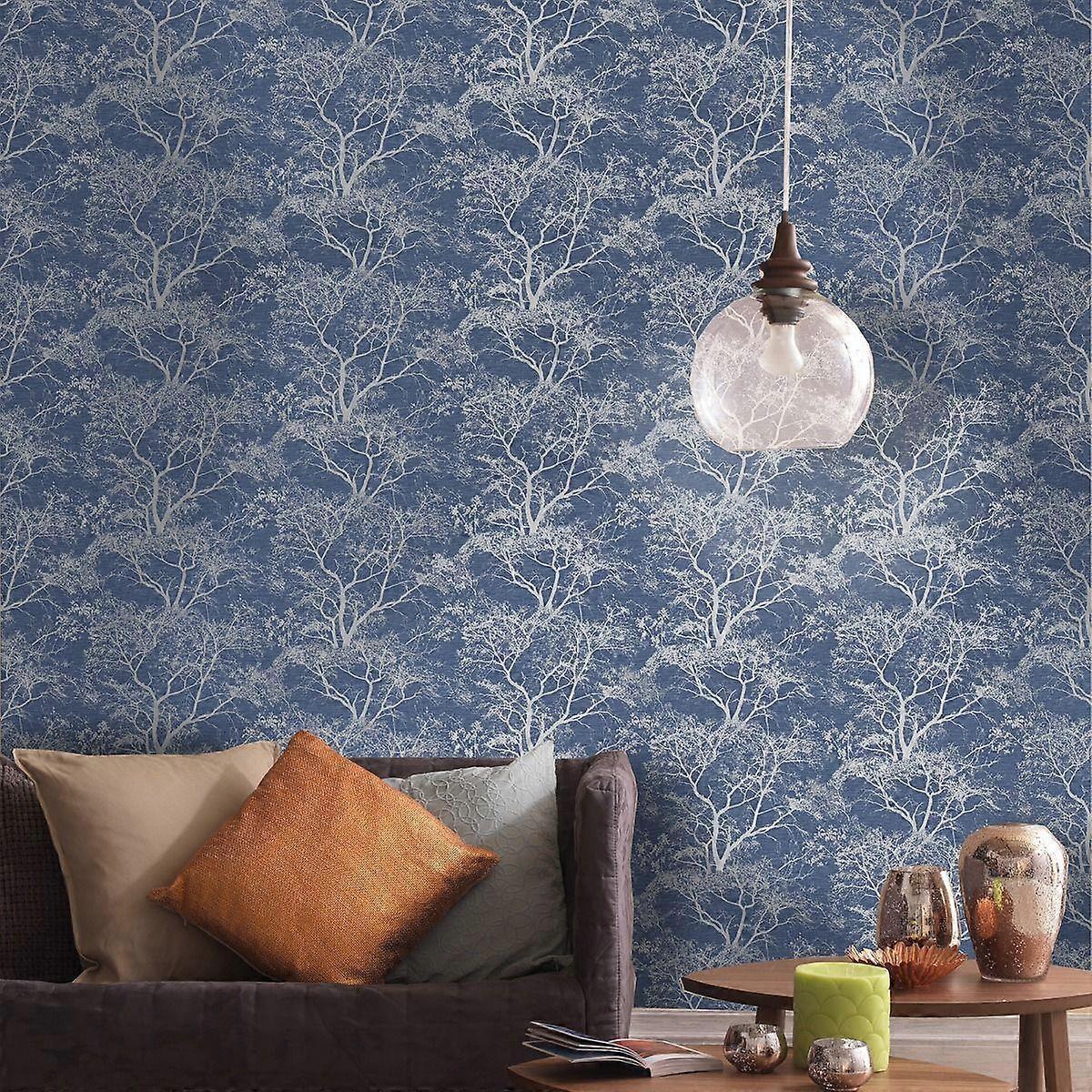 Whispering Trees Wallpaper Dark Blue Glitter Textured Sparkle Forest Holden