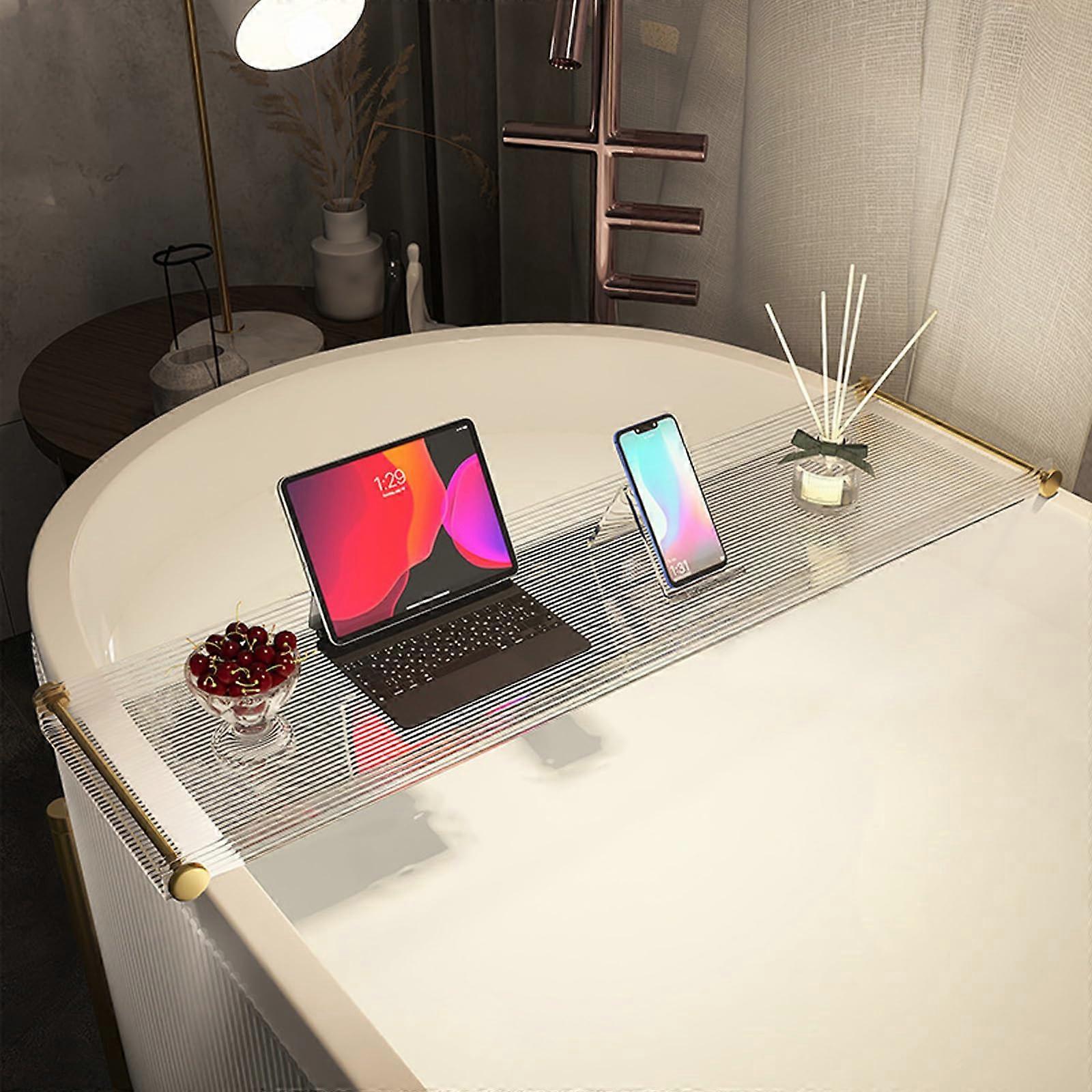 Waterproof Acrylic Bath Caddy Tray With Gold Handle, Non Slip, Clear, 35.4 In L x 7.9 In W x 1.2 In H