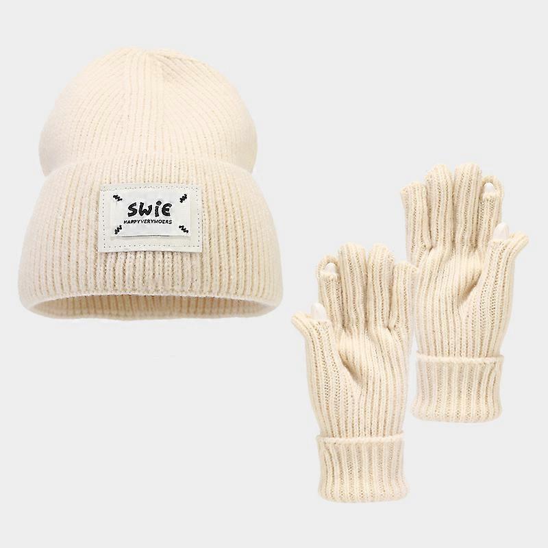 A New Two-Piece Set Of Labeled Letter Knitted Cap And Gloves For Autumn And Winter, A Small And Warm Woolen Cap With A Large Head Cap