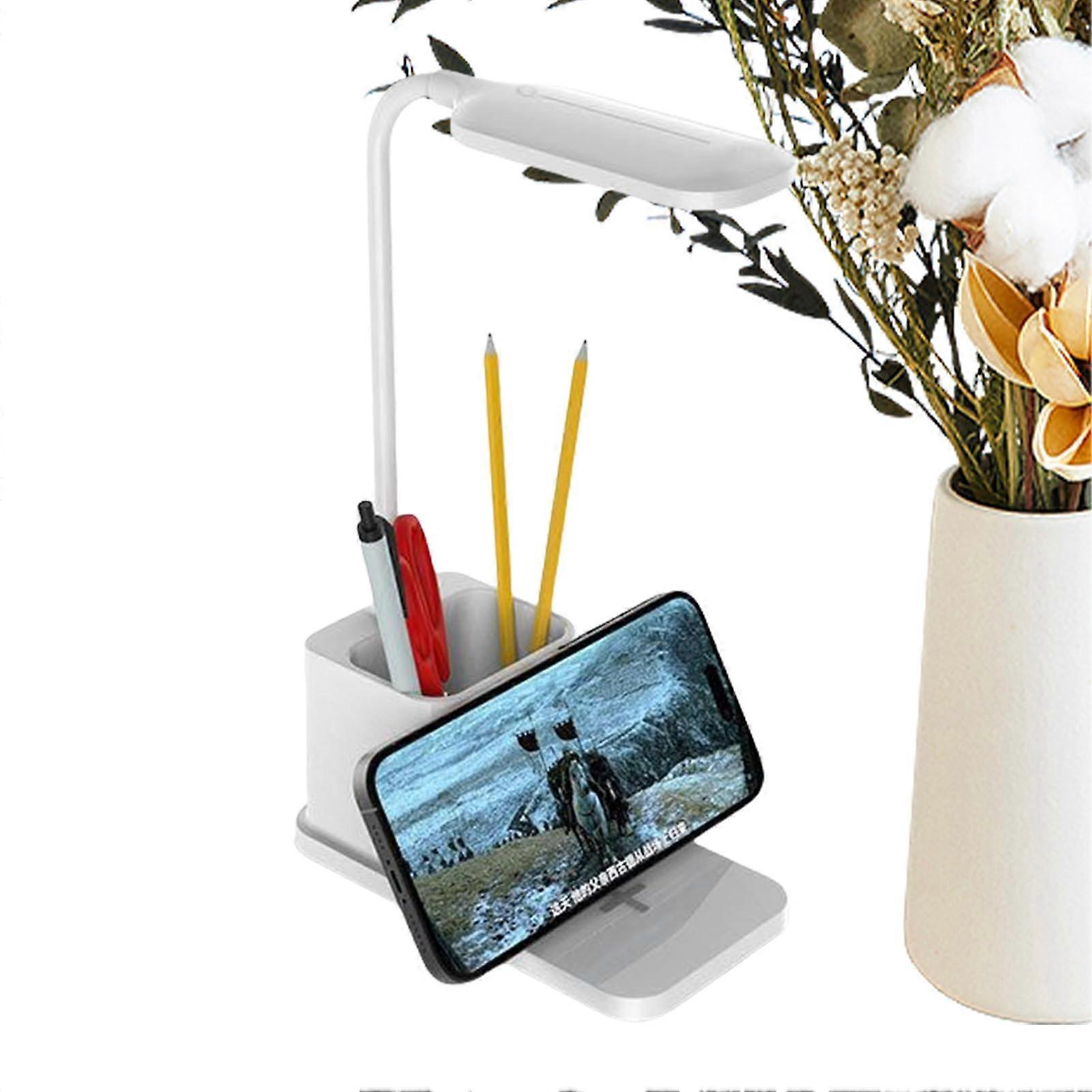 Dimmable Desk Lamp LED Lights Wireless Charger Pen Holder White Adjustable Brightness For Reading And Working