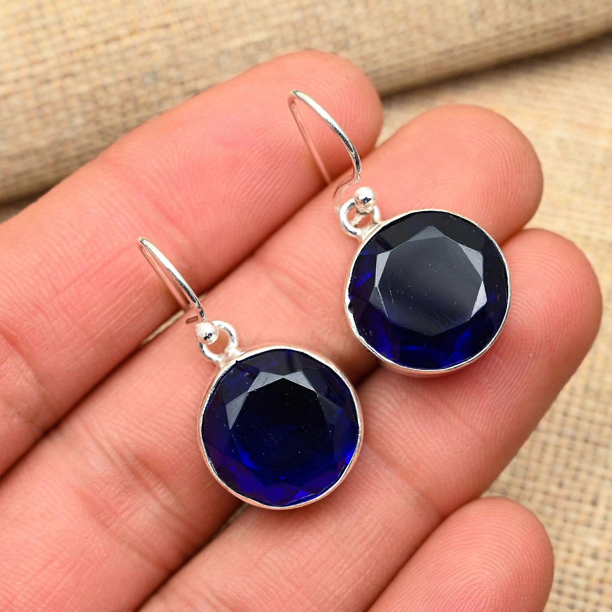 Cercei din argint sterlin masiv 925, creați manual, cu pietre prețioase create în laborator, safire albastre gloriose