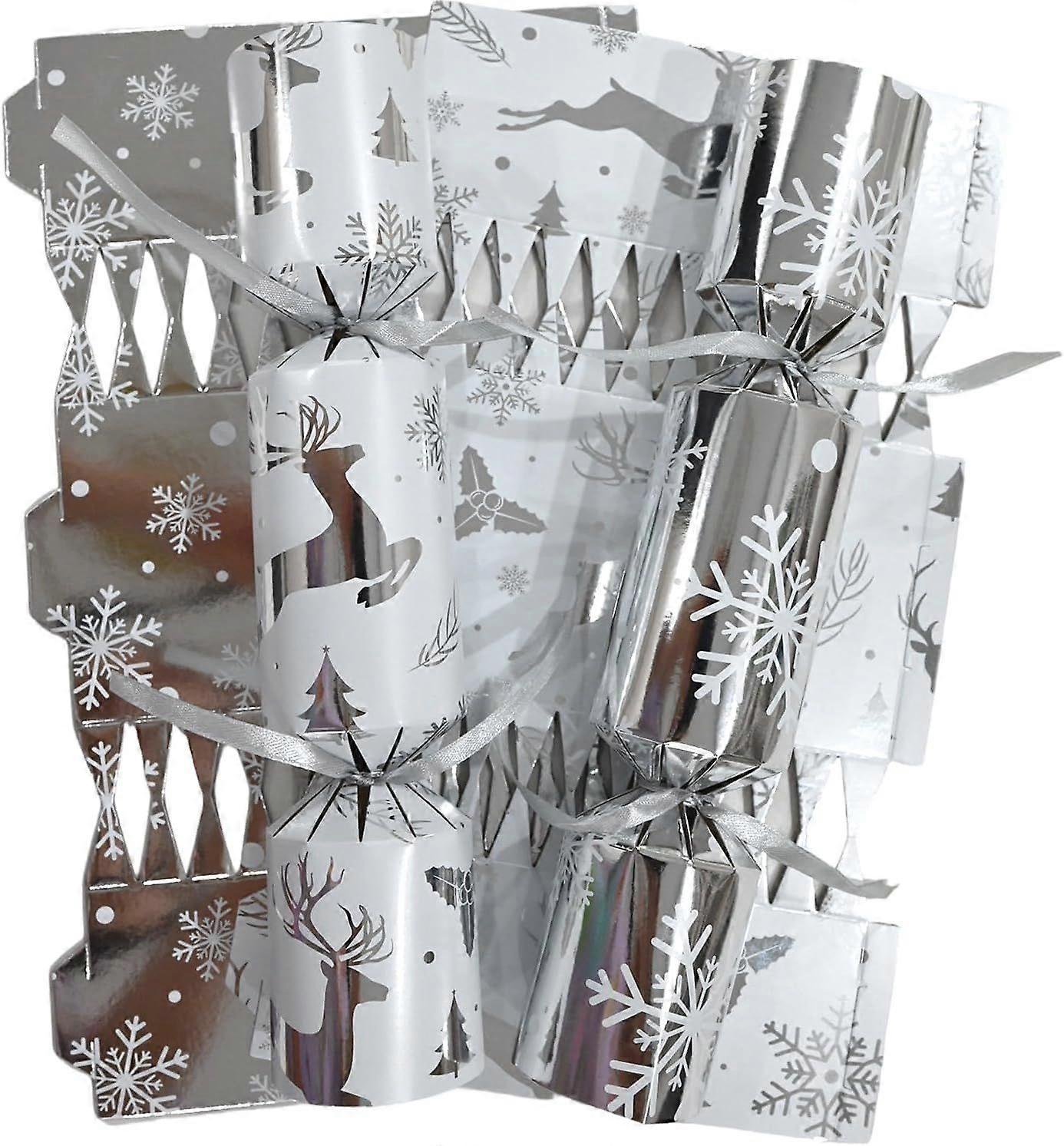 10 Pack Luxury Chritmas Crackers, 10 Hats 10 Strings Christmas Party Game Silver White Glossy DIY Cracker Festive Seasonal