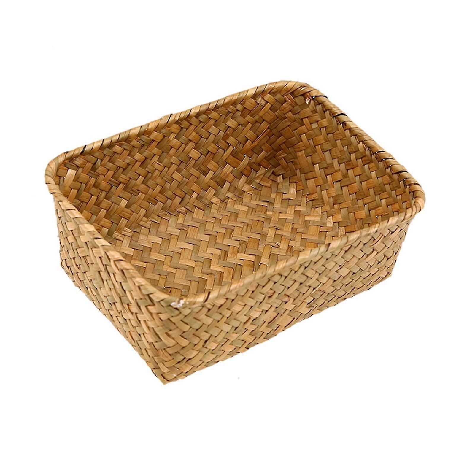 Hand-Woven Storage Box Rectangular Straw Basket for Cosmetic Tools, Yellow, Large 21 x 15 x 10 cm