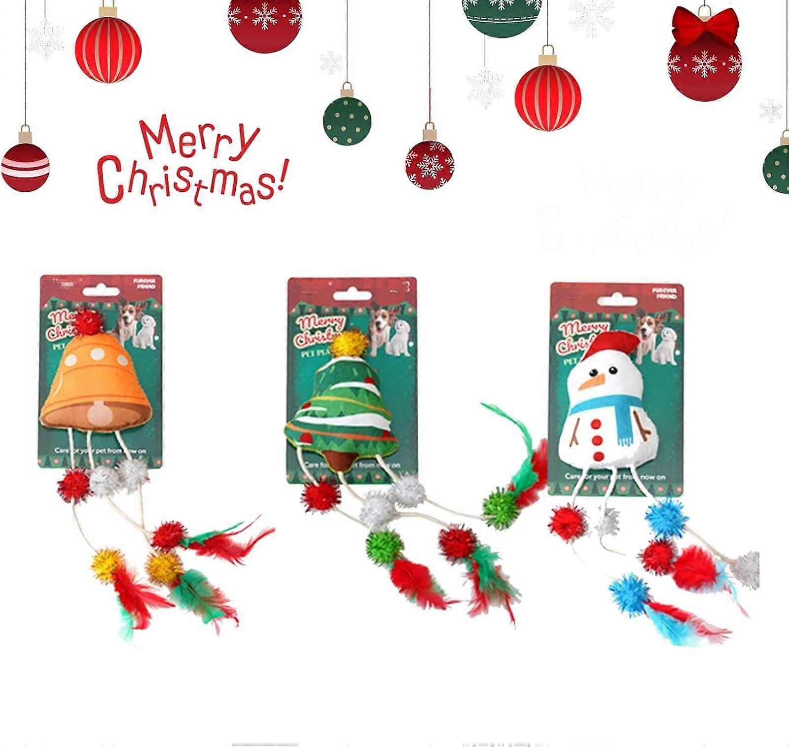 3Pcs Christmas Catnip Toys with Feathers - Bell, Christmas Tree, Snowman Designs, PP Cotton & Catmint Filled Interactive Scratch Chew Toys for Indoor 