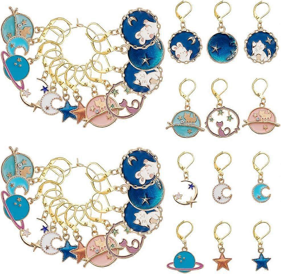 24Pcs 12 Styles Stitch Markers for Knitting Crochet Planet Moon Star Enamel Cute Charms Removable Clip on Leverback Charm Locking Stitch Markers for W
