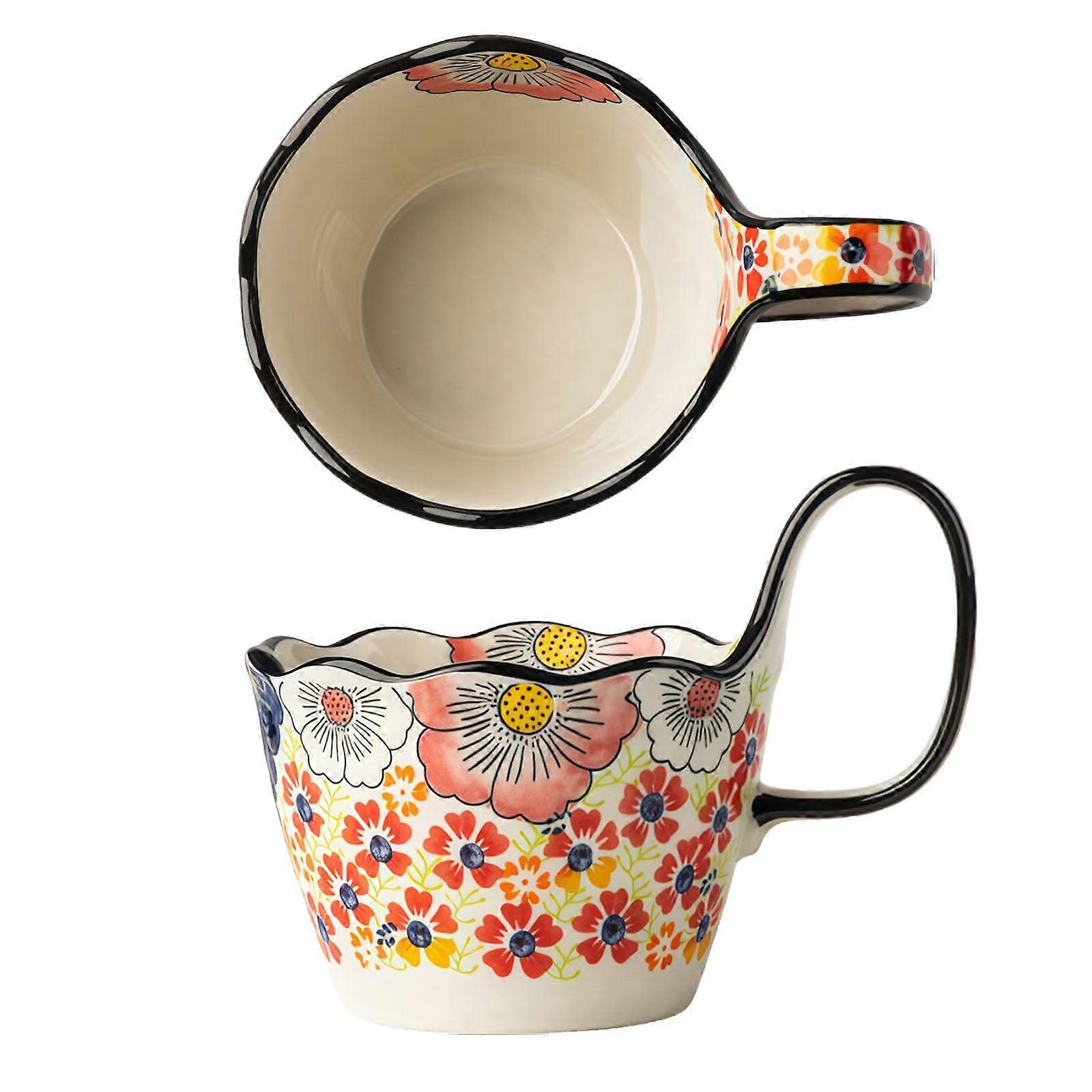 Soup Bowl with Handle 400ml Large Ceramic Soup Mug Microwave Dishwasher Safe HandPainted Design