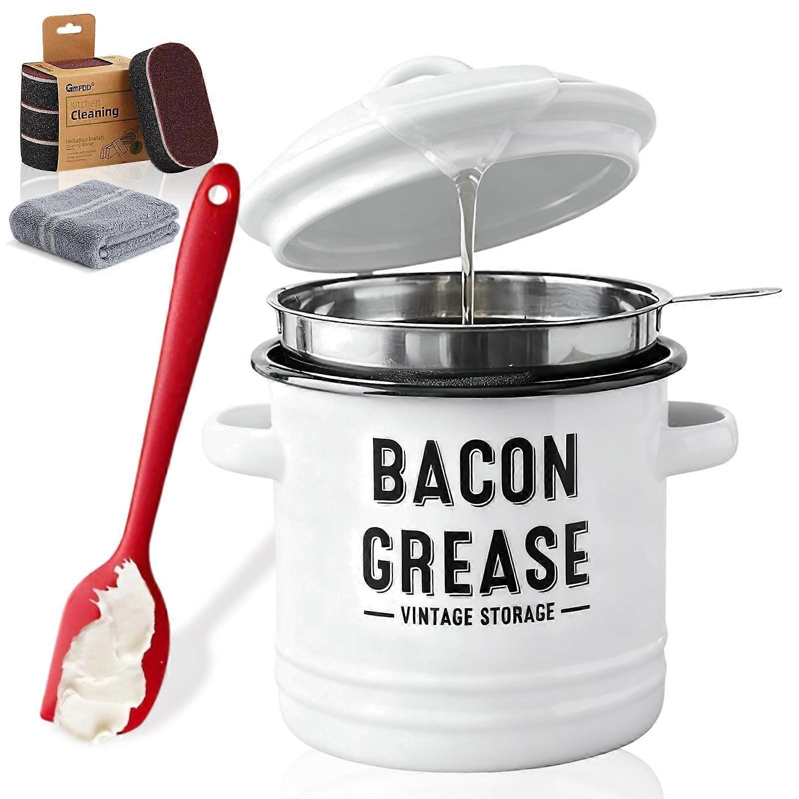46oz Bacon Grease Container with Fine Mesh Strainer, Enamel Body and Airtight Lid, White Kitchen Storage