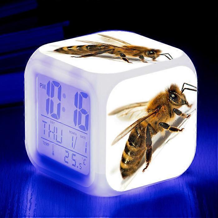 Insect Pattern Alarm Clock, LED Seven-Color Changing Square Clock, Creative Small Alarm Clock for Children and Students