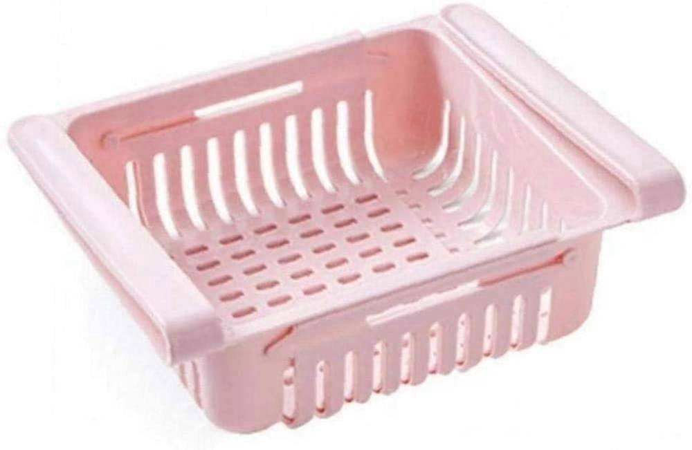 Fridge Organizer Adjustable Elastic Refrigerator Storage Shelf Removable Drawer Pink SpaceSaving