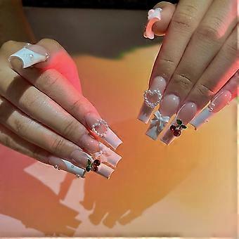 Extra Long Square French Tip Press on Nails with Glitter and Cherry Bow Rhinestones for Women