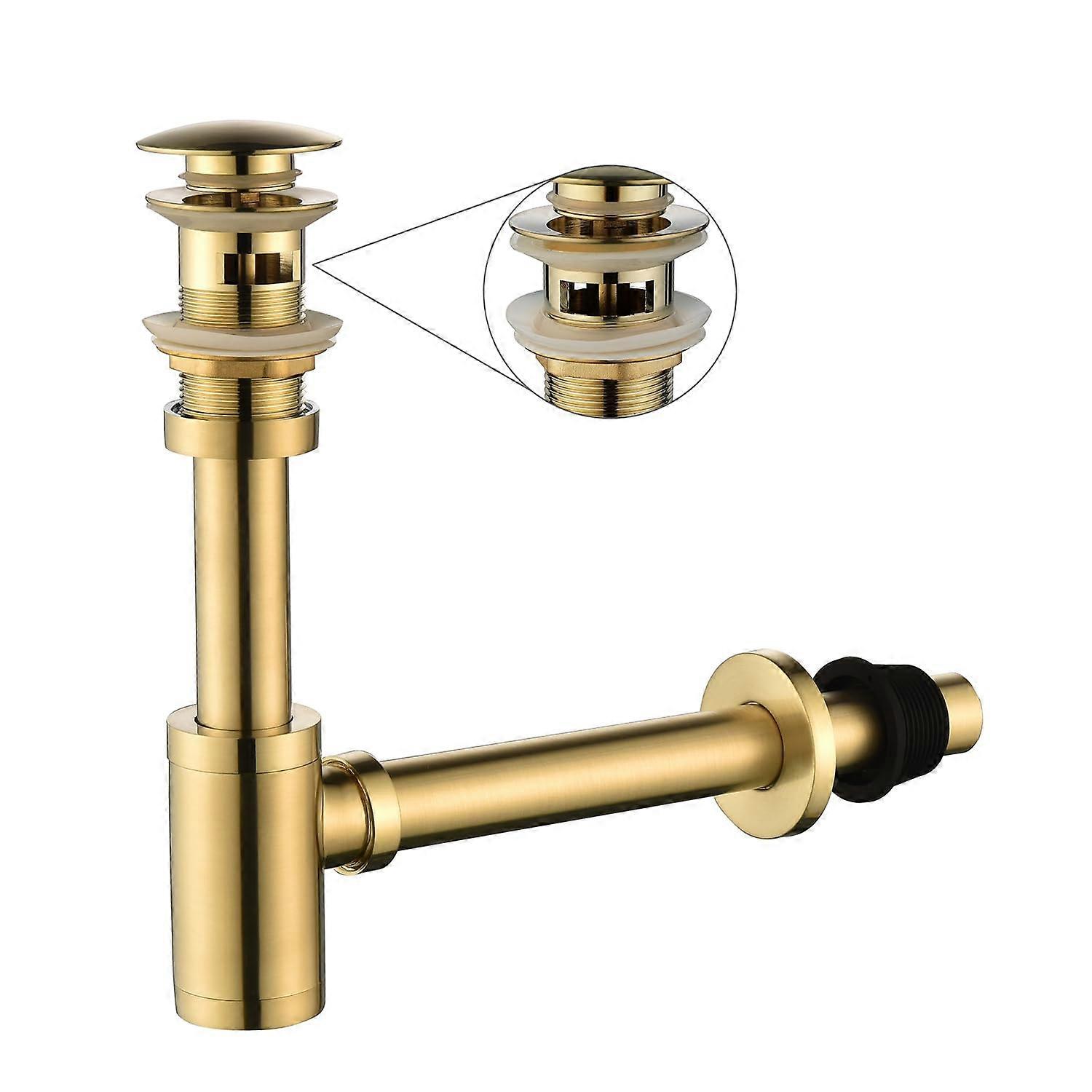 Bathroom Sink Drain Kit with Overflow, Brushed Gold Brass Bottle Trap, Easy NoTool Installation