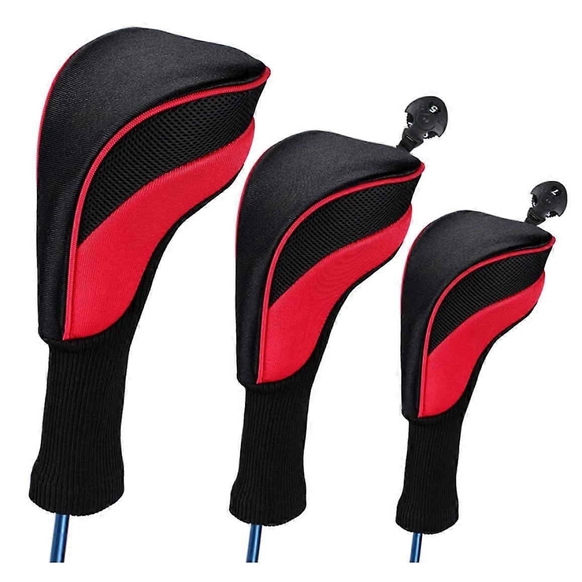 Golf Head Covers Set with Interchangeable Number Tags, Universal Mesh Protection, Red 3pcs Driver