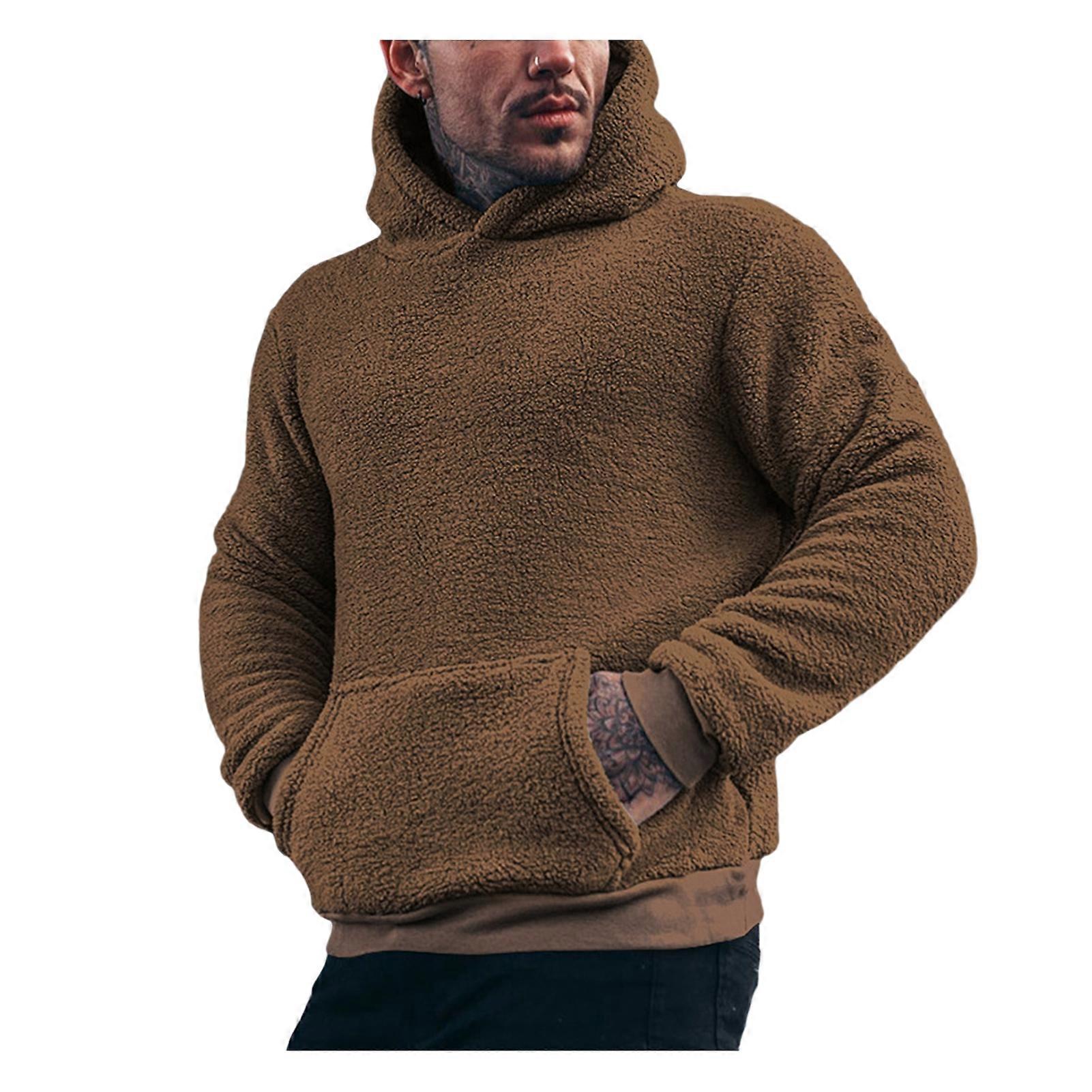 Fall Winter Men Hoodie with Pocket Hooded Long Sleeves Solid Color Fleece Pullover Thick Keep Warm